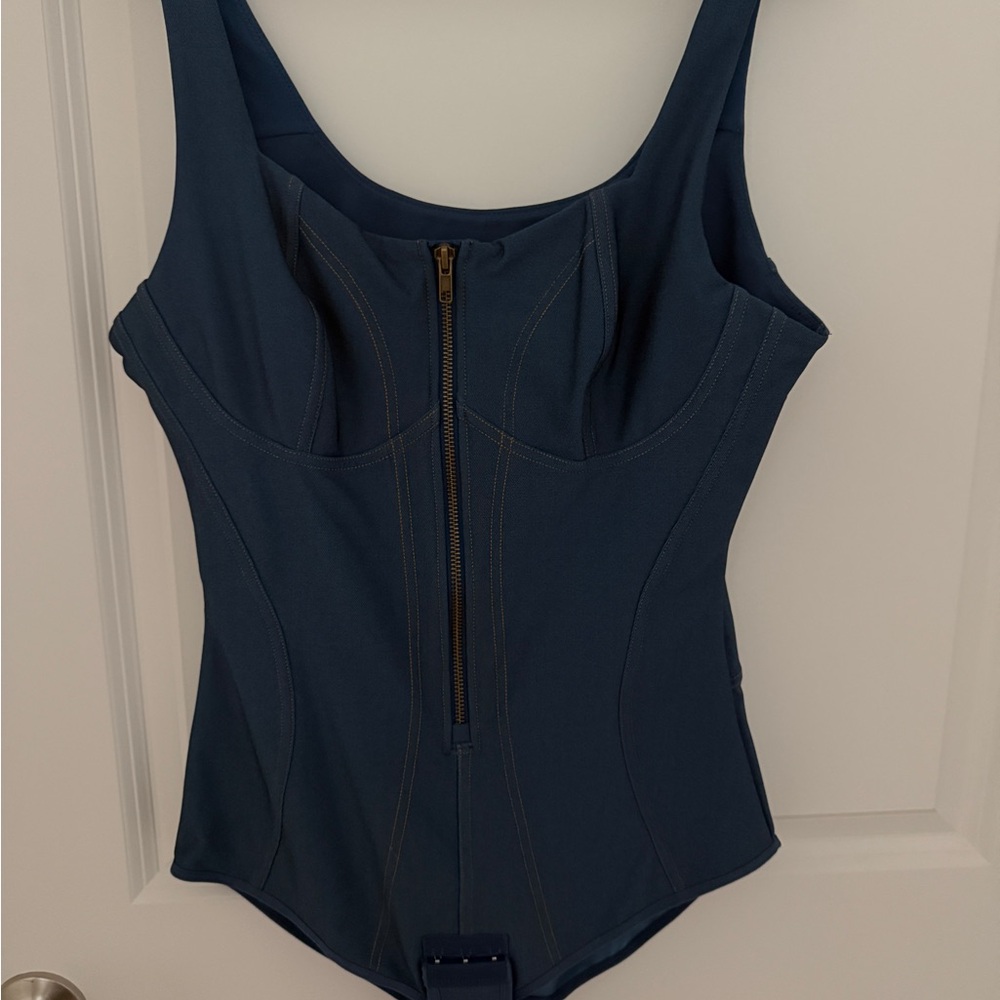 Blue Zip-Front Bodysuit